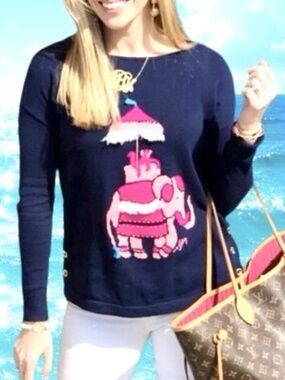 Lilly Pulitzer Caralynn Navy Pink Sweater Elephant Fringe